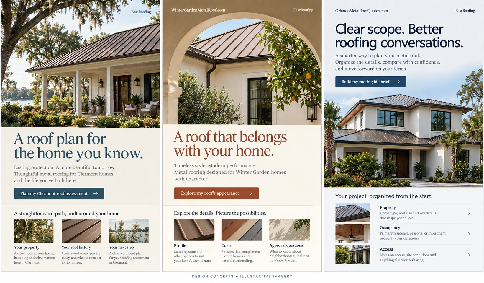 Illustrative warm plaster arch framing a metal roof and citrus tree